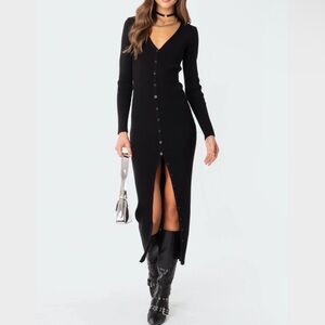 Edikted Jazlyn Black Long Sleeve Button-Front Maxi Dress